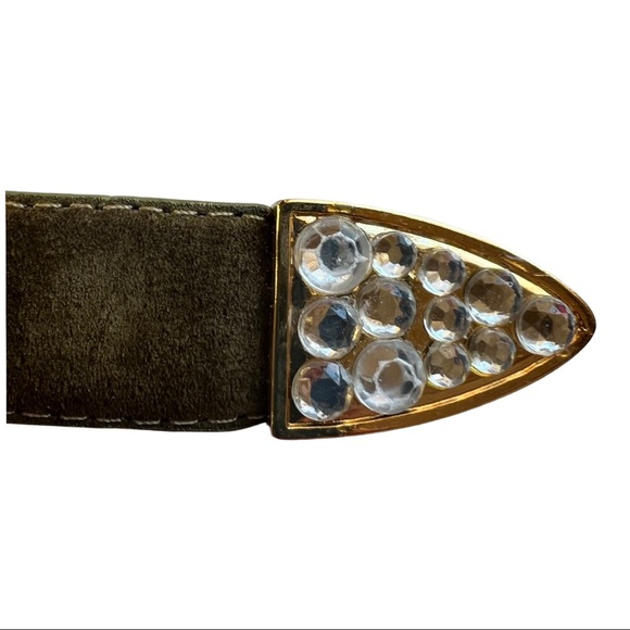 Olive green suede belt with western flare, gold hardware & rhinestones, Vintage - Picture 7 of 11